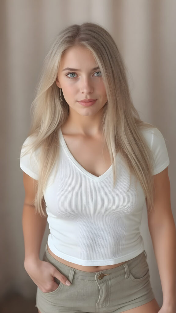 a (((vivid full body shot))) capturing an incredibly beautiful (((teen girl)), with a perfectly proportioned and incredibly muscular curved body, exquisite soft straight platinum long hair framing her face, which has natural light makeup and full lips that are painted in a warm soft pink gloss. She's dressed in a ((natural short tight t-shirt with a deep v-neck)), and (natural tight shorts) that highlight her incredibly toned and perfectly proportioned thighs. The scene is set against a backdrop of a (natural and tasteful pose) that exudes an air of elegance and allure