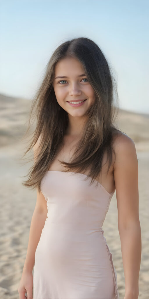 a (((vividly beautiful 15-year-old Caucasian girl))), with long, flowing, black straight hair, and (((brightly happy and radiating eyes))), dressed in a ((short, tight, thin summer dress)) that accentuates her perfect curved body in a sandy desert. The scene is set against a backdrop of a breathtakingly colorful and scenic dunes with a clear blue sky overhead and softly swirling winds at the edges of the dress, giving the image a timeless and otherworldly quality. The image exudes an air of pure joy and natural elegance.