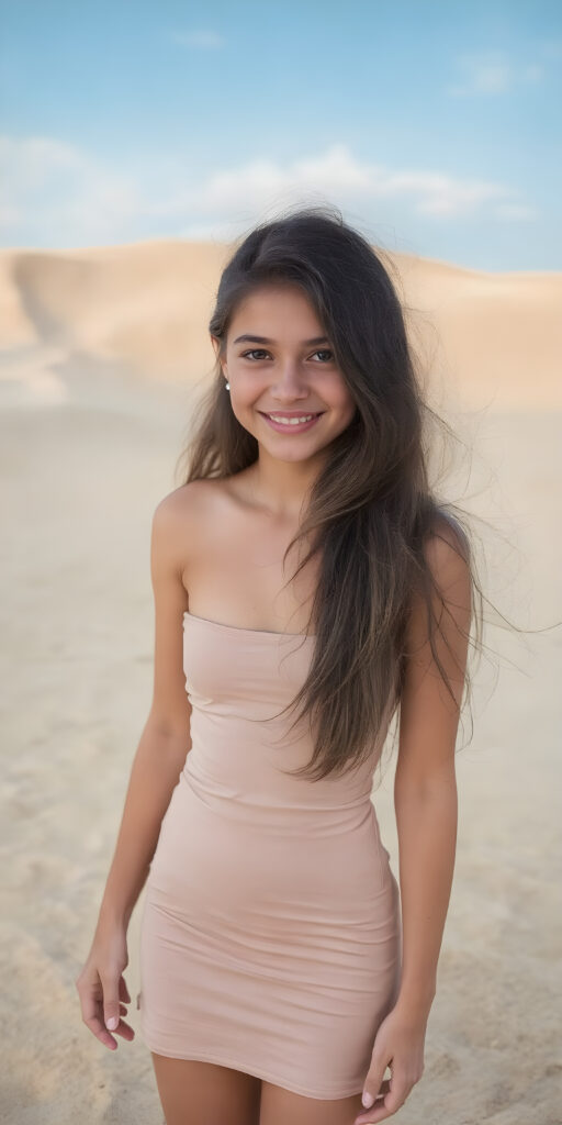 a (((vividly beautiful 15-year-old Caucasian girl))), with long, flowing, black straight hair, and (((brightly happy and radiating eyes))), dressed in a ((short, tight, thin summer dress)) that accentuates her perfect curved body in a sandy desert. The scene is set against a backdrop of a breathtakingly colorful and scenic dunes with a clear blue sky overhead and softly swirling winds at the edges of the dress, giving the image a timeless and otherworldly quality. The image exudes an air of pure joy and natural elegance.