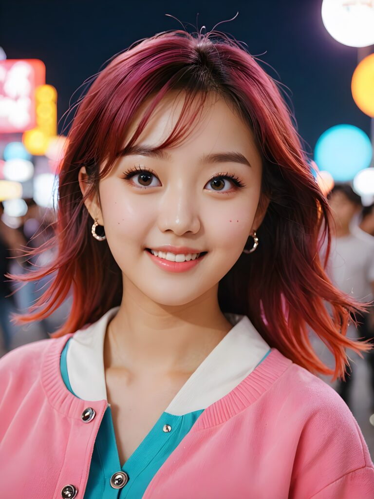 a (((vividly colored and cute K-pop girl))) with wide eyes and a smile that exudes cuteness, dressed in a style indicative of modern Korean pop culture