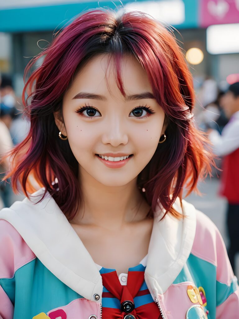 a (((vividly colored and cute K-pop girl))) with wide eyes and a smile that exudes cuteness, dressed in a style indicative of modern Korean pop culture