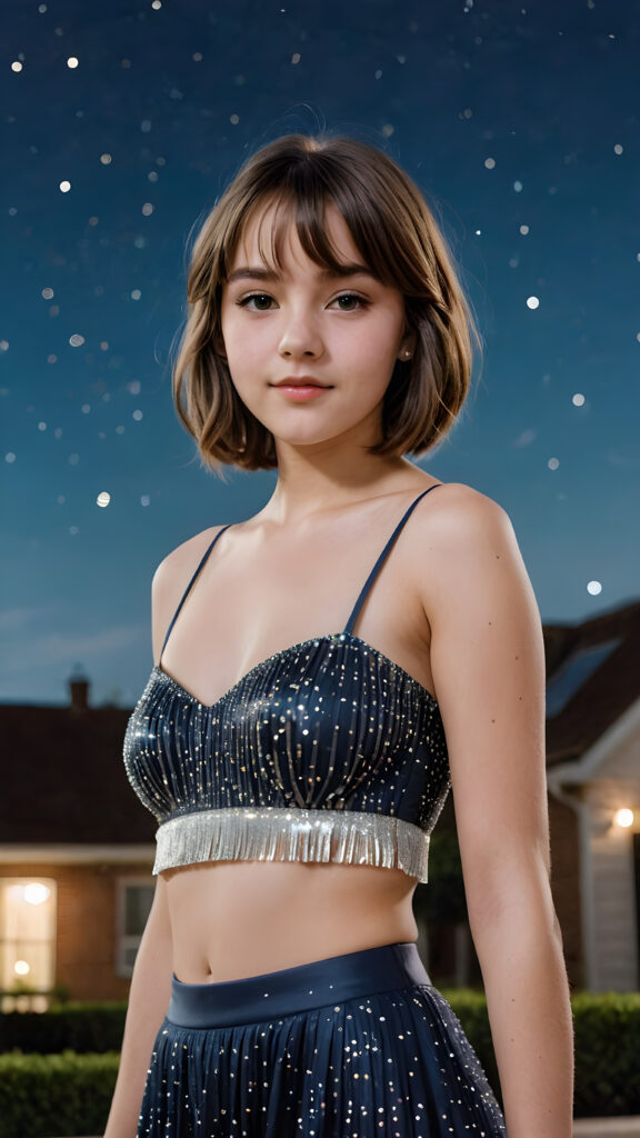 a (((vividly detailed advanced portrait))) of a (((sweetly teen girl))) with flowing, shoulder-length hair styled in bob-cut fringe patterns, dressed in a sleek, party crop top, revealing a gorgeously proportioned, softly curved figure, captured in a full-body scene under a starry night backdrop