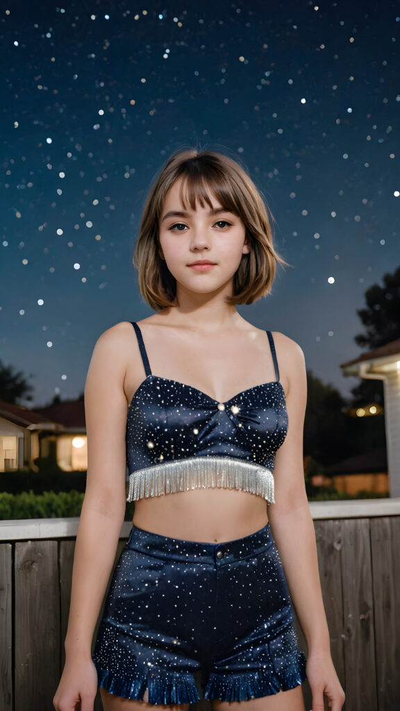 a (((vividly detailed advanced portrait))) of a (((sweetly teen girl))) with flowing, shoulder-length hair styled in bob-cut fringe patterns, dressed in a sleek, party crop top, revealing a gorgeously proportioned, softly curved figure, captured in a full-body scene under a starry night backdrop