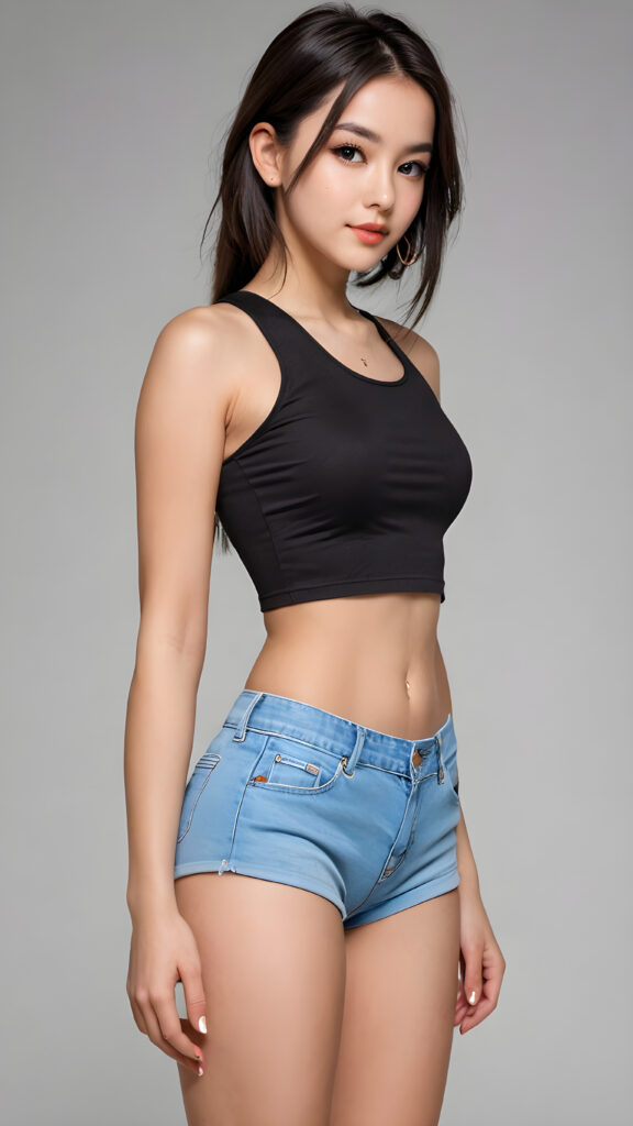 a (((vividly drawn girl))), dressed in a sleek, ((crop top)) that accentuates her navel, with its sides pulled down to reveal a hint of her short shorts