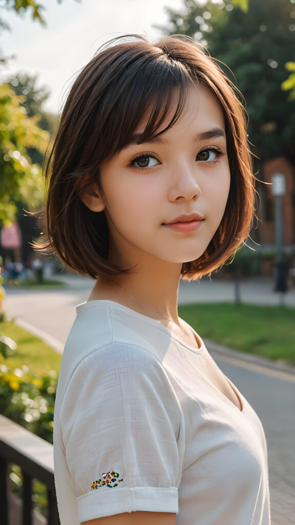 a (((vividly drawn cute teen girl))) with a ((perfectly curved silhouette)) and illustrative details that convey youthful cuteness, bob cut, shoulder-length hair