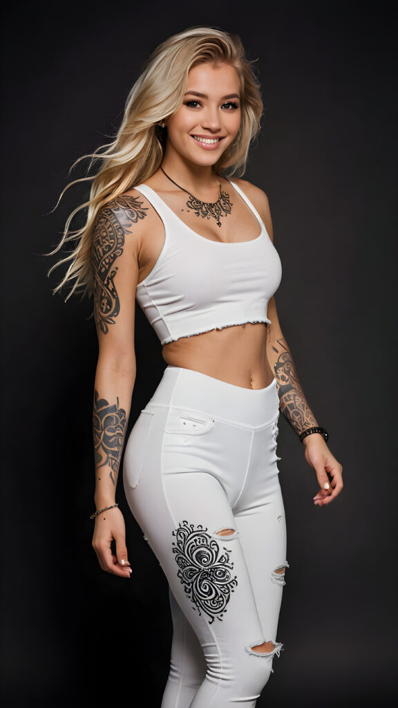 a (((vividly drawn full body))) (((adorable))) (((stunningly beautiful blonde model))) with luxuriously long, (((wildly flowing hair))), toned physique dressed in a (((minimally distressed white leggings))), (((minimalist white crop top))), set against a (((softly contrasting dark background))), accessorized with (((tribal tattoos))), a (((heartwarmingly infectious smile)))