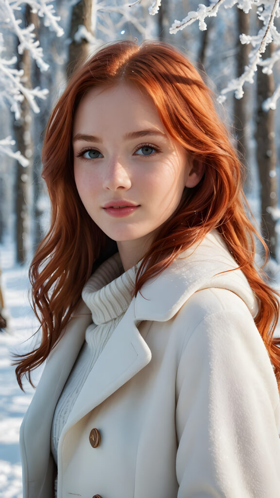 a vividly drawn (((cute little red hair cute teen girl))) with long, shoulder-length plain hair, wear a white winter coat, stand confidently in front of the viewer, her smile radiating through a (((chipped lip gloss))), against a (((subtlety glowing winter wonderland setting))), all against a backdrop of a (14K) cinematic fantasy winter wonderland