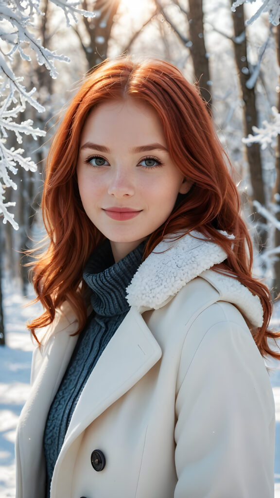 a vividly drawn (((cute little red hair cute teen girl))) with long, shoulder-length plain hair, wear a white winter coat, stand confidently in front of the viewer, her smile radiating through a (((chipped lip gloss))), against a (((subtlety glowing winter wonderland setting))), all against a backdrop of a (14K) cinematic fantasy winter wonderland