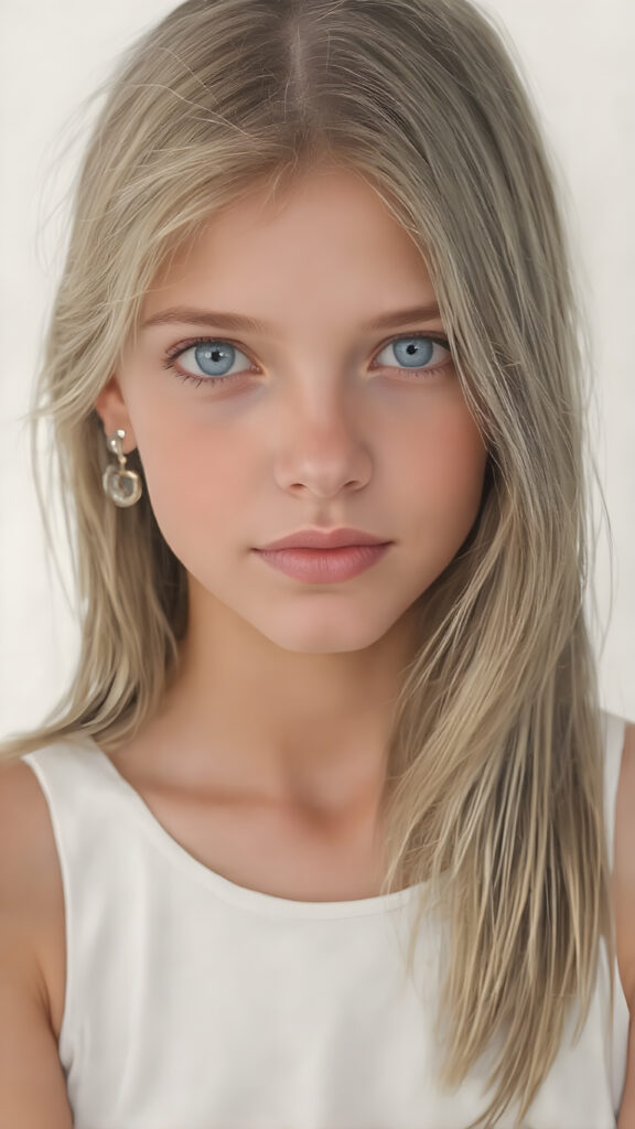 a vividly drawn (((portrait))), featuring a beautiful young girl with flowing straight hair and piercing blue eyes, dressed in a sleek white top, accessorized with intricate bracelets and earrings, reminiscent of classic studio photos from the era, capturing a timeless sense of nostalgia. Her face has a warm, inviting smile, perfectly capturing the essence of youthful beauty. (((straight hair))) ((blue eyes))