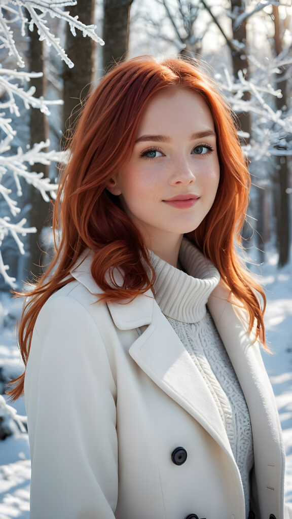 a vividly drawn (((cute little red hair cute teen girl))) with long, shoulder-length plain hair, wear a white winter coat, stand confidently in front of the viewer, her smile radiating through a (((chipped lip gloss))), against a (((subtlety glowing winter wonderland setting))), all against a backdrop of a (14K) cinematic fantasy winter wonderland