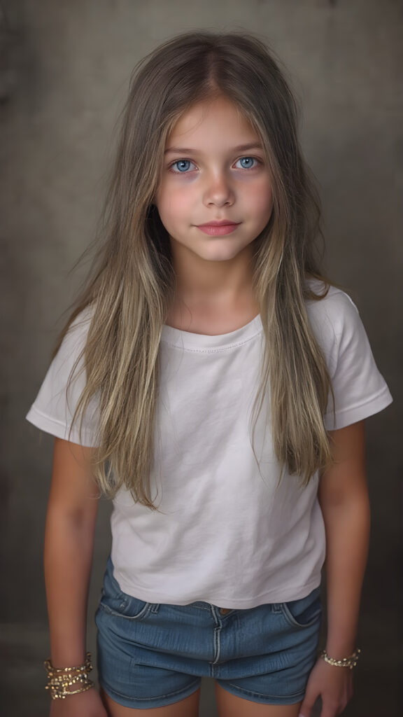 a vividly drawn (((full length body portrait))), featuring a beautiful young girl with flowing straight hair and piercing blue eyes, dressed in a sleek white t-shirt and (realistic jeans shorts), accessorized with intricate bracelets and earrings. The scene exudes a distinctly retro 90's vibe, reminiscent of classic studio photos from the era, capturing a timeless sense of nostalgia. Her face has a warm, inviting smile, perfectly capturing the essence of youthful beauty. (((straight hair))) ((blue eyes)) (((full body)))