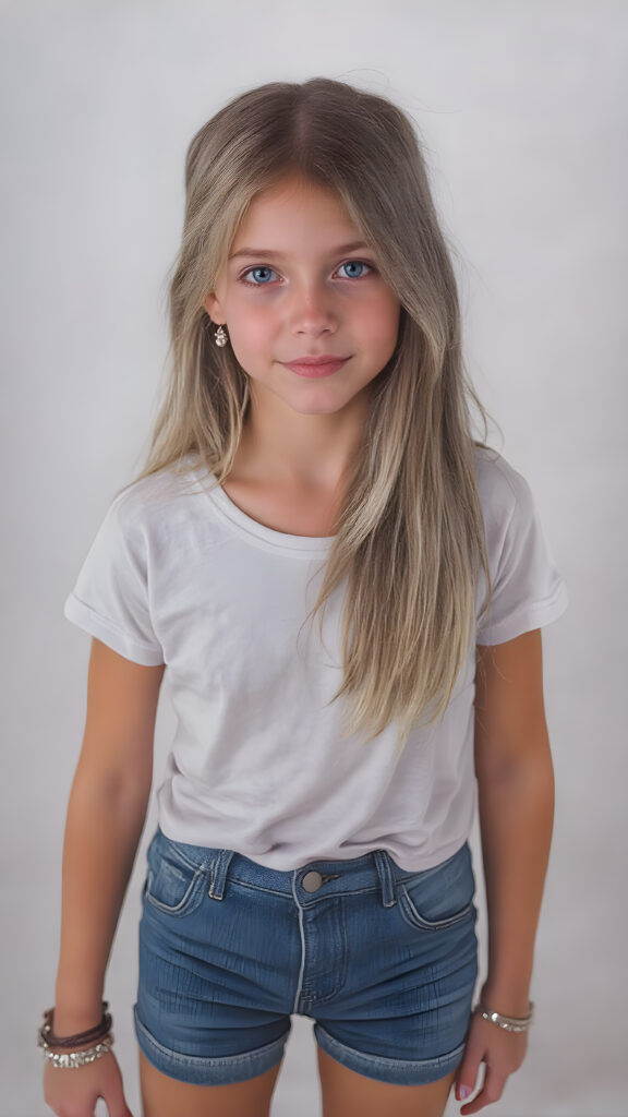 a vividly drawn (((full length body portrait))), featuring a beautiful young girl with flowing straight hair and piercing blue eyes, dressed in a sleek white t-shirt and (realistic jeans shorts), accessorized with intricate bracelets and earrings. The scene exudes a distinctly retro 90's vibe, reminiscent of classic studio photos from the era, capturing a timeless sense of nostalgia. Her face has a warm, inviting smile, perfectly capturing the essence of youthful beauty. (((straight hair))) ((blue eyes)) (((full body)))