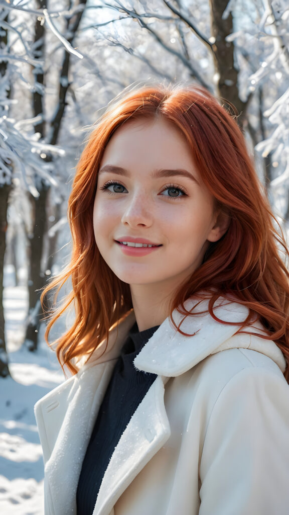 a vividly drawn (((cute little red hair cute teen girl))) with long, shoulder-length plain hair, wear a white winter coat, stand confidently in front of the viewer, her smile radiating through a (((chipped lip gloss))), against a (((subtlety glowing winter wonderland setting))), all against a backdrop of a (14K) cinematic fantasy winter wonderland