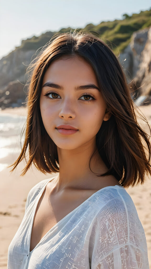 a (((vividly portrait))), capturing a young Brazilian teen girl with long, flowing (((straight bob cut hair))), her eyes sparkling and her skin radiant, wearing comfortable clothes, perfect curved body, embodying flawless beauty, full lips, ((angelic round face)) ((super realistic photo)) ((stunning)) ((gorgeous)) ((at beach)) ((upper body)) 4k