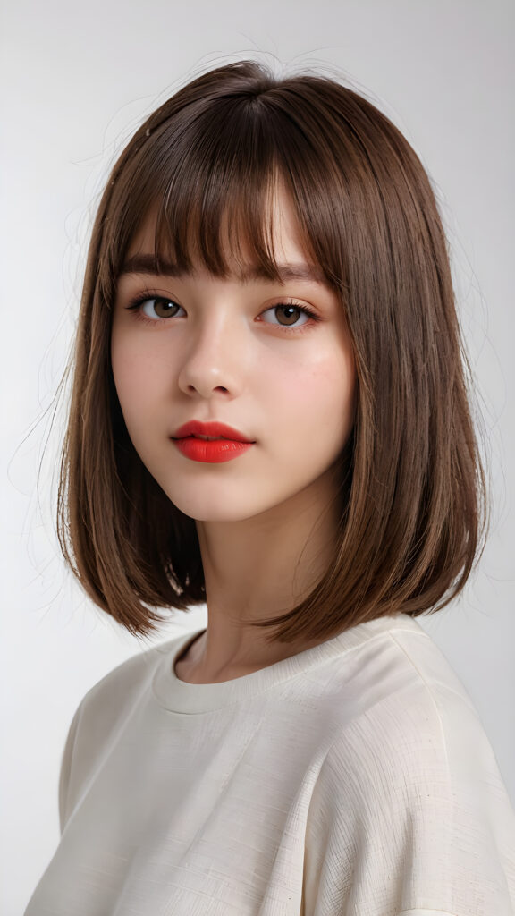 a (((vividly portrait))), capturing a young teen girl, 13 years old, with long, flowing (((straight bob cut hair, bangs cut))), her eyes sparkling and her skin radiant, wearing comfortable clothes, perfect curved body, embodying flawless beauty, ((full red lips)), ((angelic round face)) ((super realistic photo)) ((stunning)) ((gorgeous)) ((white background)) ((upper body)) 4k