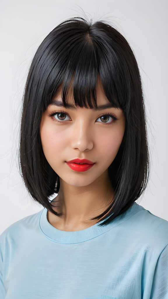 a (((vividly portrait))), capturing a young teen girl with long, flowing (((straight bob cut black hair, bangs cut))), her eyes sparkling and her skin radiant, ((wearing a light blue t-shirt)), perfect curved body, embodying flawless beauty, ((full red lips)), ((angelic round face)) ((super realistic photo)) ((stunning)) ((gorgeous)) ((white background)) ((upper body)) 4k