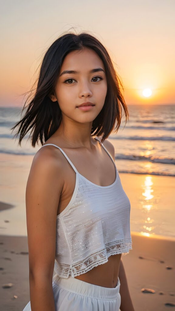 a (((vividly portrait))), capturing a young Exotic 14 years old teen girl with long, flowing (((straight bob cut hair))), her eyes sparkling and her skin radiant, wears a short crop tank top, perfect curved body, embodying flawless beauty, full lips, ((angelic round face)) ((super realistic photo)) ((stunning)) ((gorgeous)) ((upper body)) ((a sunset at beach in background) 4k