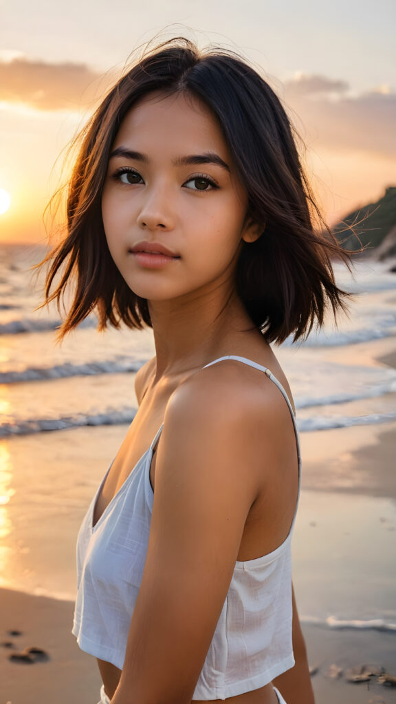 a (((vividly portrait))), capturing a young Exotic 14 years old teen girl with long, flowing (((straight bob cut hair))), her eyes sparkling and her skin radiant, wears a short crop tank top, perfect curved body, embodying flawless beauty, full lips, ((angelic round face)) ((super realistic photo)) ((stunning)) ((gorgeous)) ((upper body)) ((a sunset at beach in background) 4k