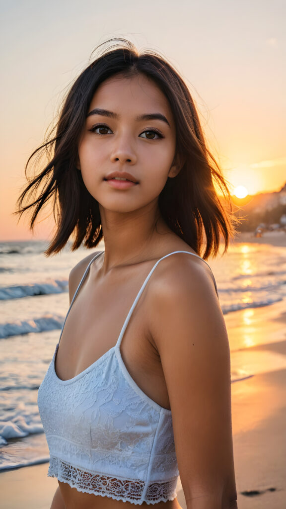 a (((vividly portrait))), capturing a young Exotic 14 years old teen girl with long, flowing (((straight bob cut hair))), her eyes sparkling and her skin radiant, wears a short crop tank top, perfect curved body, embodying flawless beauty, full lips, ((angelic round face)) ((super realistic photo)) ((stunning)) ((gorgeous)) ((upper body)) ((a sunset at beach in background) 4k