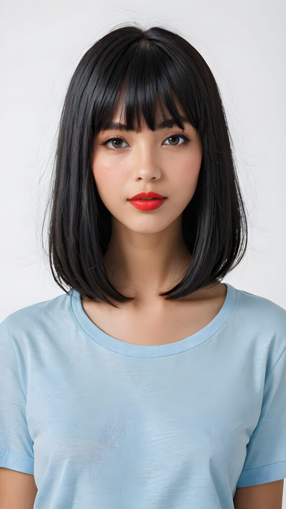 a (((vividly portrait))), capturing a young teen girl with long, flowing (((straight bob cut black hair, bangs cut))), her eyes sparkling and her skin radiant, ((wearing a light blue t-shirt)), perfect curved body, embodying flawless beauty, ((full red lips)), ((angelic round face)) ((super realistic photo)) ((stunning)) ((gorgeous)) ((white background)) ((upper body)) 4k