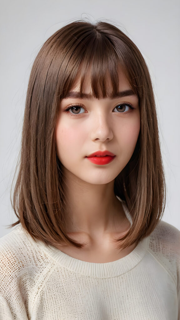 a (((vividly portrait))), capturing a young teen girl, 13 years old, with long, flowing (((straight bob cut hair, bangs cut))), her eyes sparkling and her skin radiant, wearing comfortable clothes, perfect curved body, embodying flawless beauty, ((full red lips)), ((angelic round face)) ((super realistic photo)) ((stunning)) ((gorgeous)) ((white background)) ((upper body)) 4k