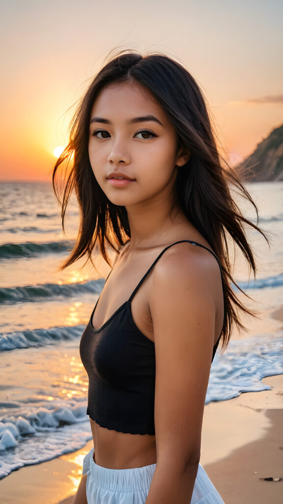 a (((vividly portrait))), capturing a young Exotic 14 years old teen girl with long, flowing (((straight bob cut hair))), her eyes sparkling and her skin radiant, wears a short crop tank top, perfect curved body, embodying flawless beauty, full lips, ((angelic round face)) ((super realistic photo)) ((stunning)) ((gorgeous)) ((upper body)) ((a sunset at beach in background) 4k