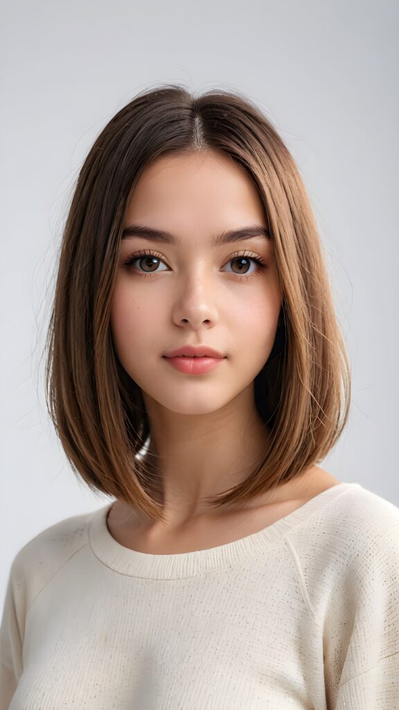 a (((vividly portrait))), capturing a young teen girl with long, flowing (((straight bob cut hair))), her eyes sparkling and her skin radiant, wearing comfortable clothes, perfect curved body, embodying flawless beauty, full lips, ((angelic round face)) ((super realistic photo)) ((stunning)) ((gorgeous)) ((white background)) ((upper body)) 4k