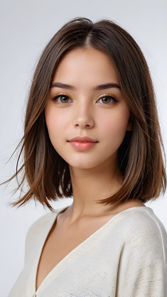 a (((vividly portrait))), capturing a young teen girl with long, flowing (((straight bob cut hair))), her eyes sparkling and her skin radiant, wearing comfortable clothes, perfect curved body, embodying flawless beauty, full lips, ((angelic round face)) ((super realistic photo)) ((stunning)) ((gorgeous)) ((white background)) ((upper body)) 4k