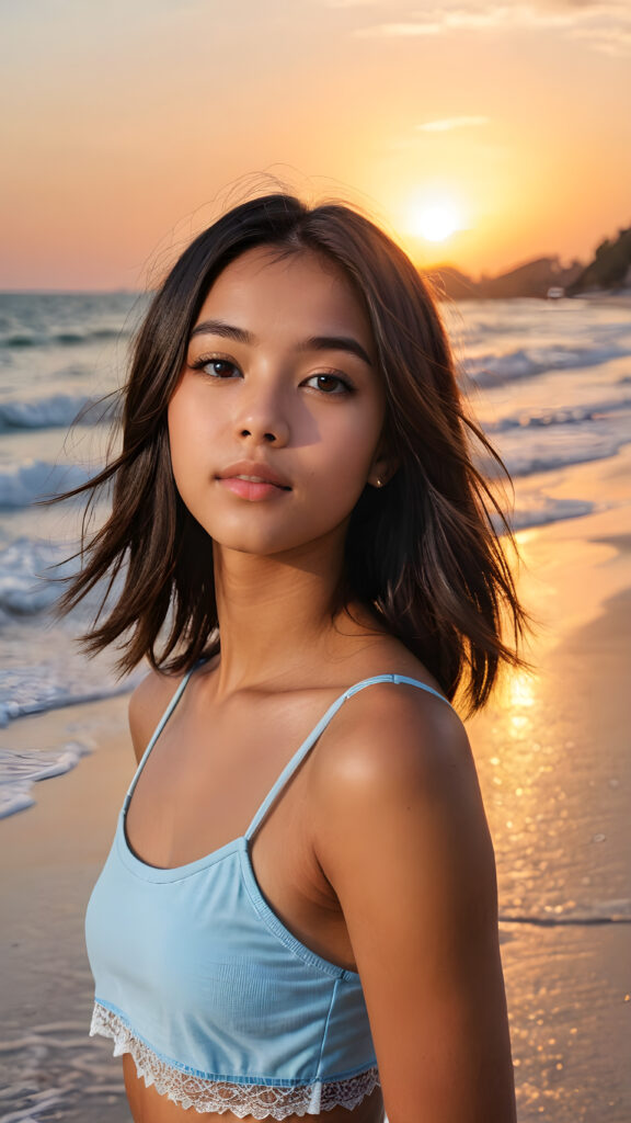 a (((vividly portrait))), capturing a young Exotic 14 years old teen girl with long, flowing (((straight bob cut hair))), her eyes sparkling and her skin radiant, wears a short crop tank top, perfect curved body, embodying flawless beauty, full lips, ((angelic round face)) ((super realistic photo)) ((stunning)) ((gorgeous)) ((upper body)) ((a sunset at beach in background) 4k