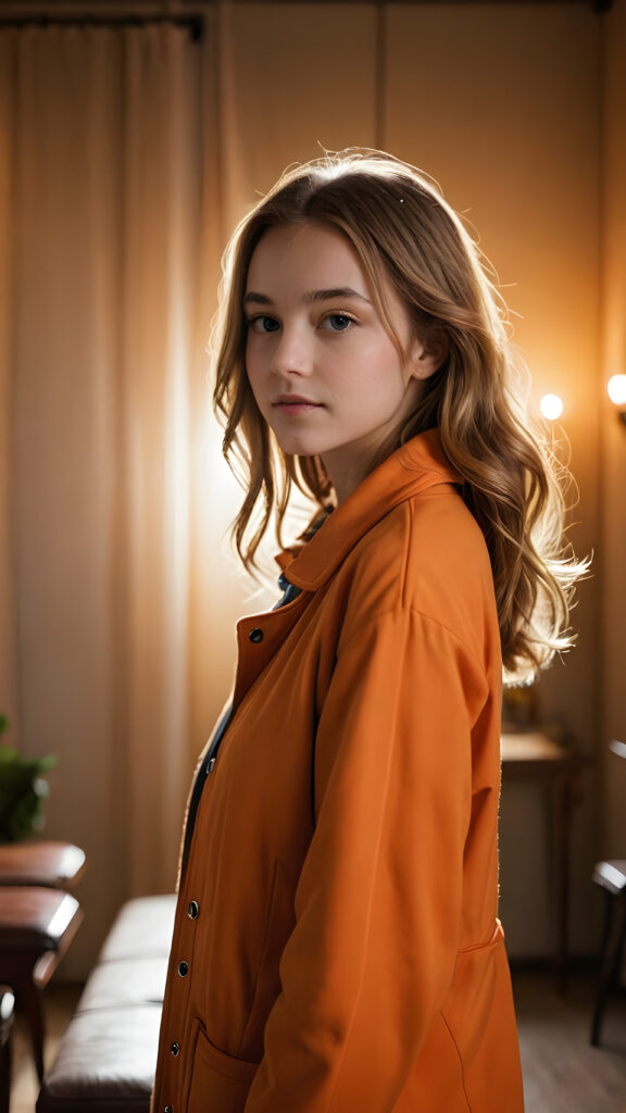 a (((vividly soft-haired young girl))) dressed in a ((tranquil orange jacket)), standing in a dimly lit room with (faint sunbeams illuminating the space around her)