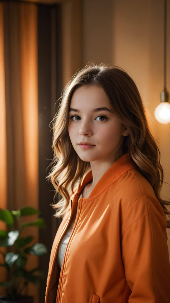 a (((vividly soft-haired young girl))) dressed in a ((tranquil orange jacket)), standing in a dimly lit room with (faint sunbeams illuminating the space around her)