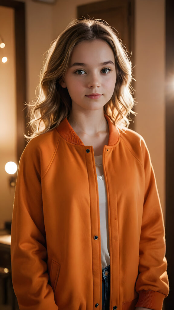 a (((vividly soft-haired young girl))) dressed in a ((tranquil orange jacket)), standing in a dimly lit room with (faint sunbeams illuminating the space around her)