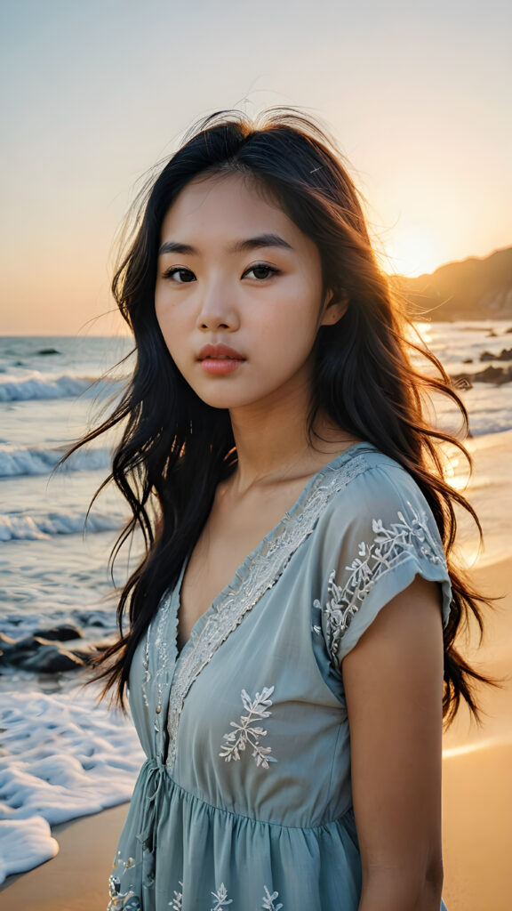 a (((vividly stunning, intricate, and detailed photograph))), capturing a (((Korean teen girl))) standing confidently on a (solitary sandy beach) under a breathtakingly peaceful sunrise, with long, flowing obsidian-black hair cascading down, full, defined lips, and a backdrop of the calm, rolling waters of an inviting ocean