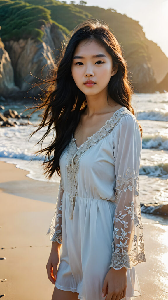 a (((vividly stunning, intricate, and detailed photograph))), capturing a (((Korean teen girl))) standing confidently on a (solitary sandy beach) under a breathtakingly peaceful sunrise, with long, flowing obsidian-black hair cascading down, full, defined lips, and a backdrop of the calm, rolling waters of an inviting ocean