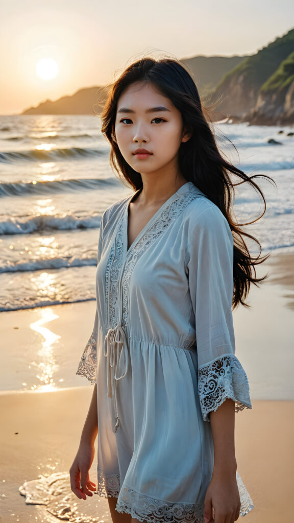 a (((vividly stunning, intricate, and detailed photograph))), capturing a (((Korean teen girl))) standing confidently on a (solitary sandy beach) under a breathtakingly peaceful sunrise, with long, flowing obsidian-black hair cascading down, full, defined lips, and a backdrop of the calm, rolling waters of an inviting ocean