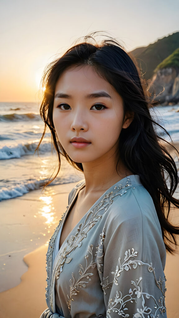 a (((vividly stunning, intricate, and detailed photograph))), capturing a (((Korean teen girl))) standing confidently on a (solitary sandy beach) under a breathtakingly peaceful sunrise, with long, flowing obsidian-black hair cascading down, full, defined lips, and a backdrop of the calm, rolling waters of an inviting ocean