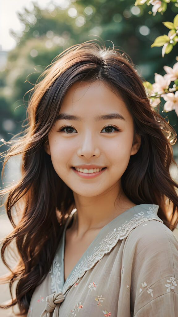 a warmly (((drawn))), ((softly colored)) portrait of a youthful Japanese girl with an endearing smile and flowing hair