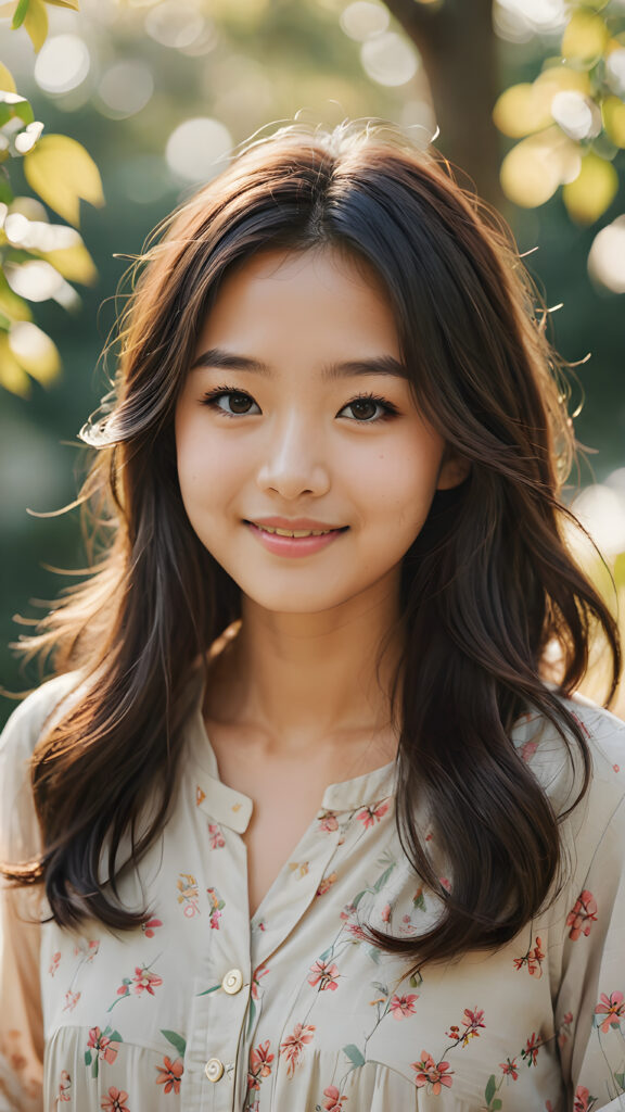 a warmly (((drawn))), ((softly colored)) portrait of a youthful Japanese girl with an endearing smile and flowing hair