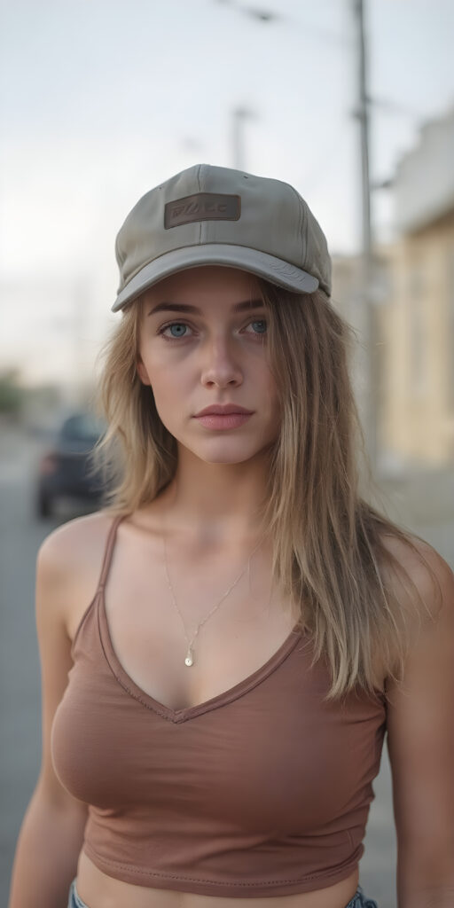 a skater girl wearing a baseball cap, full body shot, straight soft hair, short cropped brown tank top, deep v-neck, fit body, detailed and realistic, in the street