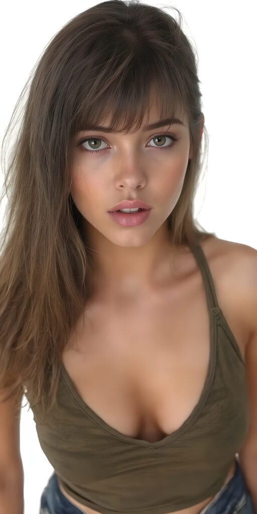 a well busty young trendy girlie, full body shot, straight soft ((light brown hair)), short cropped tank top in camouflage, deep v-neck, fit body, detailed and realistic, white backdrop, view from above, open mouth