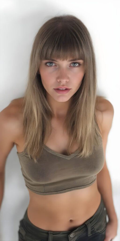 a well busty young trendy girlie, full body shot, straight soft ((light brown hair)), short cropped tank top in camouflage, deep v-neck, fit body, detailed and realistic, white backdrop, view from above, open mouth