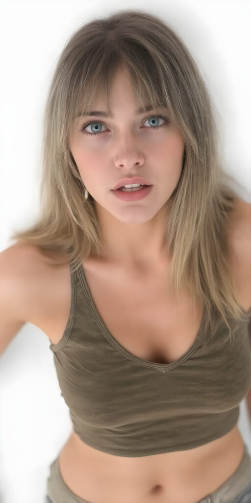 a well busty young trendy girlie, full body shot, straight soft ((light brown hair)), short cropped tank top in camouflage, deep v-neck, fit body, detailed and realistic, white backdrop, view from above, open mouth