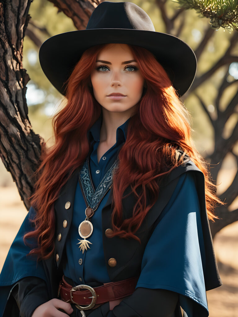 a western cowgirl, red head scottish girl with a blue vest cloak, with a tree black cowboy in black cloath