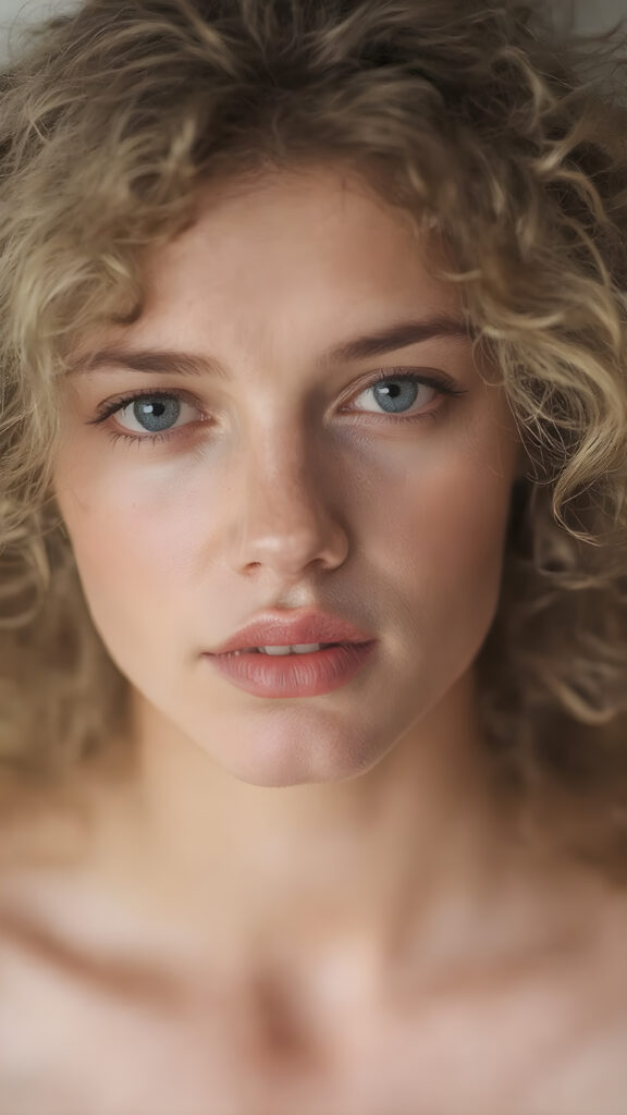 a woman ((pale white skin)), curly, thickly dark blonde hair which moves softly in the wind, and a ((full, softly parted, natural mouth)), gently curves into a ((perfect, barely parted, deep crimson lipstick)), which gives off ((an almost transparent, soft focus)), against a ((softly blurred, natural looking backdrop)), upper body