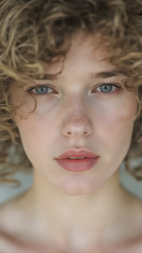 a woman ((pale white skin)), curly, thickly dark blonde hair which moves softly in the wind, and a ((full, softly parted, natural mouth)), gently curves into a ((perfect, barely parted, deep crimson lipstick)), which gives off ((an almost transparent, soft focus)), against a ((softly blurred, natural looking backdrop)), upper body