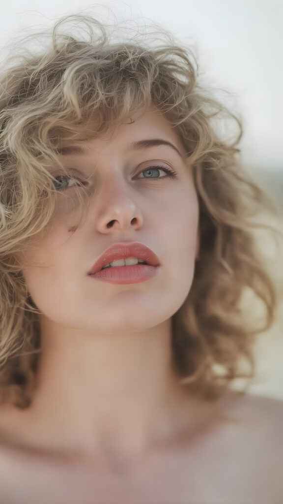 a woman ((pale white skin)), curly, thickly dark blonde hair which moves softly in the wind, and a ((full, softly parted, natural mouth)), gently curves into a ((perfect, barely parted, deep crimson lipstick)), which gives off ((an almost transparent, soft focus)), against a ((softly blurred, natural looking backdrop)), upper body