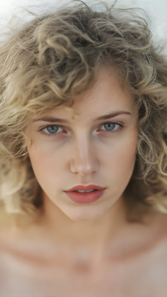 a woman ((pale white skin)), curly, thickly dark blonde hair which moves softly in the wind, and a ((full, softly parted, natural mouth)), gently curves into a ((perfect, barely parted, deep crimson lipstick)), which gives off ((an almost transparent, soft focus)), against a ((softly blurred, natural looking backdrop)), upper body