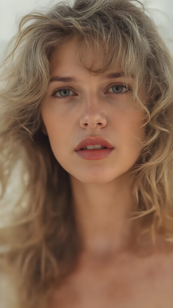 a woman ((pale white skin)), curly, thickly dark blonde hair which moves softly in the wind, and a ((full, softly parted, natural mouth)), gently curves into a ((perfect, barely parted, deep crimson lipstick)), which gives off ((an almost transparent, soft focus)), against a ((softly blurred, natural looking backdrop)), upper body