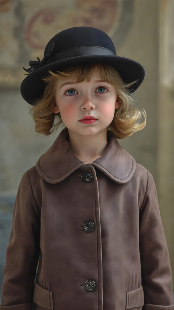 a wonderfully (((detailed painted scene))), portraying a youthful girl in the 1930s, dressed in a long, luxurious (((coat with a classic pied de poule pattern))), paired with a diminutive, yet opulent (((velvet black hat))), exuding a playful whimsy that is accented by vivid pastel tones that bring each intricate detail into sharp relief, achieving a stunning (8K resolution) that is both crisp and clear, capturing a level of realism that is truly endearing