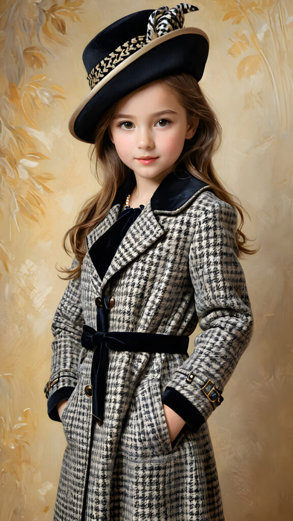 a wonderfully (((detailed painted scene))) by Pierre-Auguste Renoir, portraying a youthful girl of 8 in the 1930s, dressed in a long, luxurious (((coat with a classic pied de poule pattern))), paired with a diminutive, yet opulent (((velvet black hat))), exuding a playful whimsy that is accented by vivid pastel tones that bring each intricate detail into sharp relief, achieving a stunning (8K resolution) that is both crisp and clear, capturing a level of realism that is truly endearing